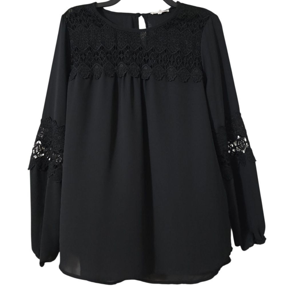 Pleione Black Lace Long Sleeve Blouse Top Size Small Yoke Boho Chic Victorian